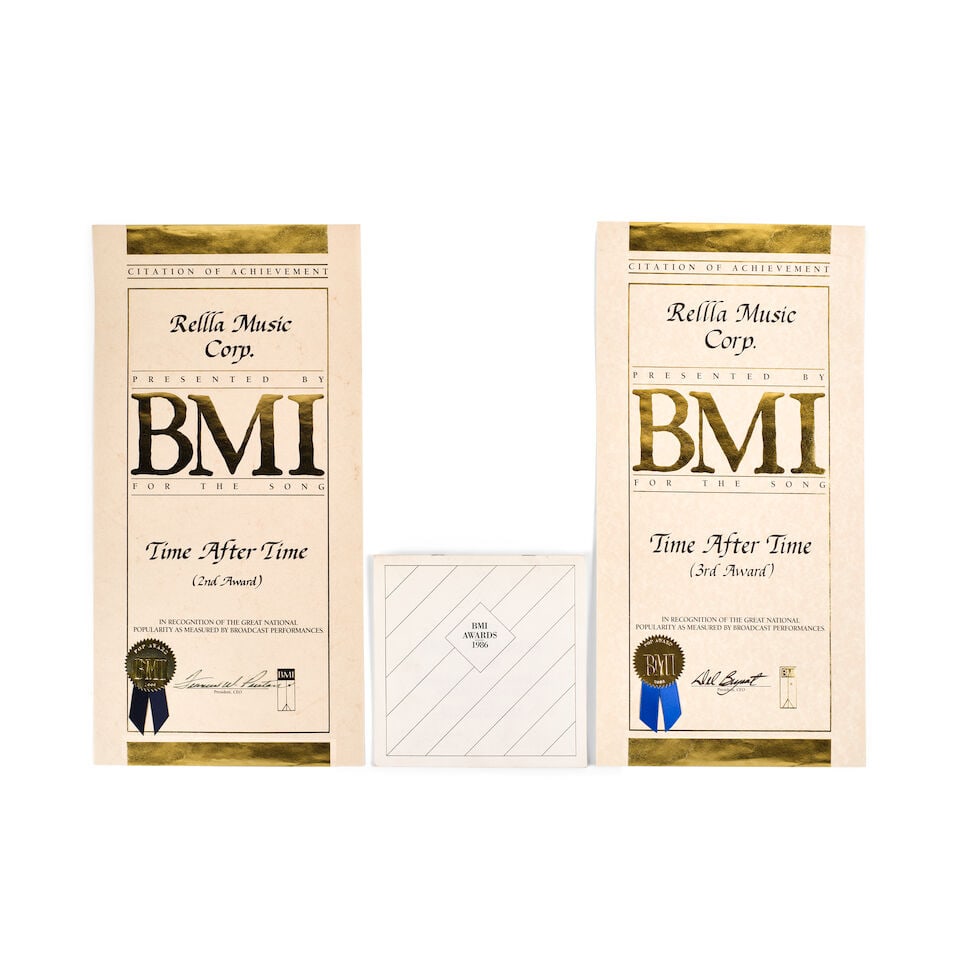 A GROUP OF BMI AWARD MATERIALS FOR 'TIME AFTER TIME' PRESENTED TO RELLA MUSIC CORP. (1 of 4)