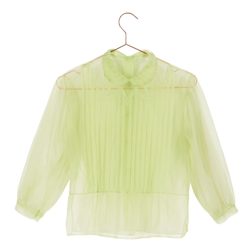 FIVE VINTAGE SHEER BLOUSES: FIVE VINTAGE SHEER BLOUSES Comprising a green collared blouse, a pink striped lavallière blouse, a brown ruffle trim blouse, a light pink blouse, and a white blouse. This lot is subject to the