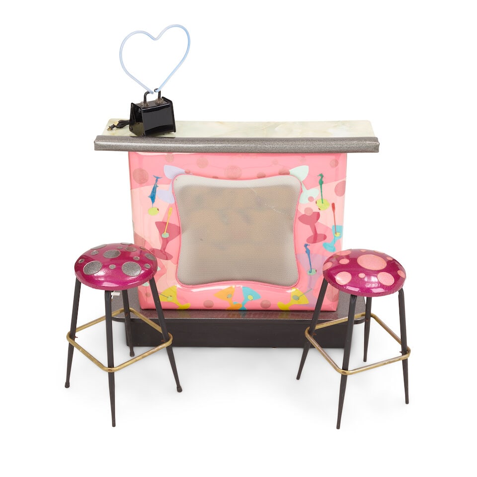 A LIZA JANE NORMAN VINTAGE VINYL BAR SUITE: A LIZA JANE NORMAN VINTAGE VINYL BAR SUITE Comprising a martini decorated bar, signed and numbed Liza Jane / Norman / 12/86 to the interior, and two glitter polka dot barstools stitched