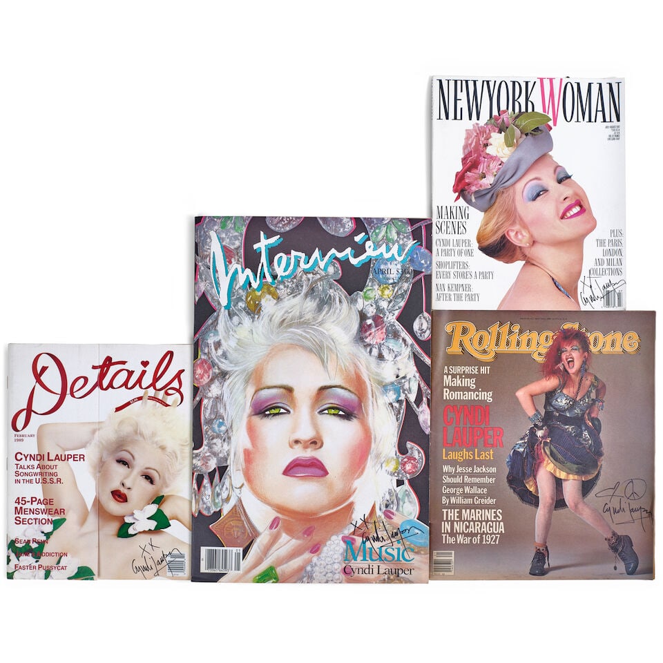 FOUR MAGAZINES WITH CYNDI LAUPER COVER STORIES SIGNED BY CYNDI LAUPER 1984-1989: FOUR MAGAZINES WITH CYNDI LAUPER COVER STORIES SIGNED BY CYNDI LAUPER 1984-1989 Comprising the 24 May 1984 issue of Rolling Stone, the April 1986 issue of Interview, the July/August 1987 issue of New