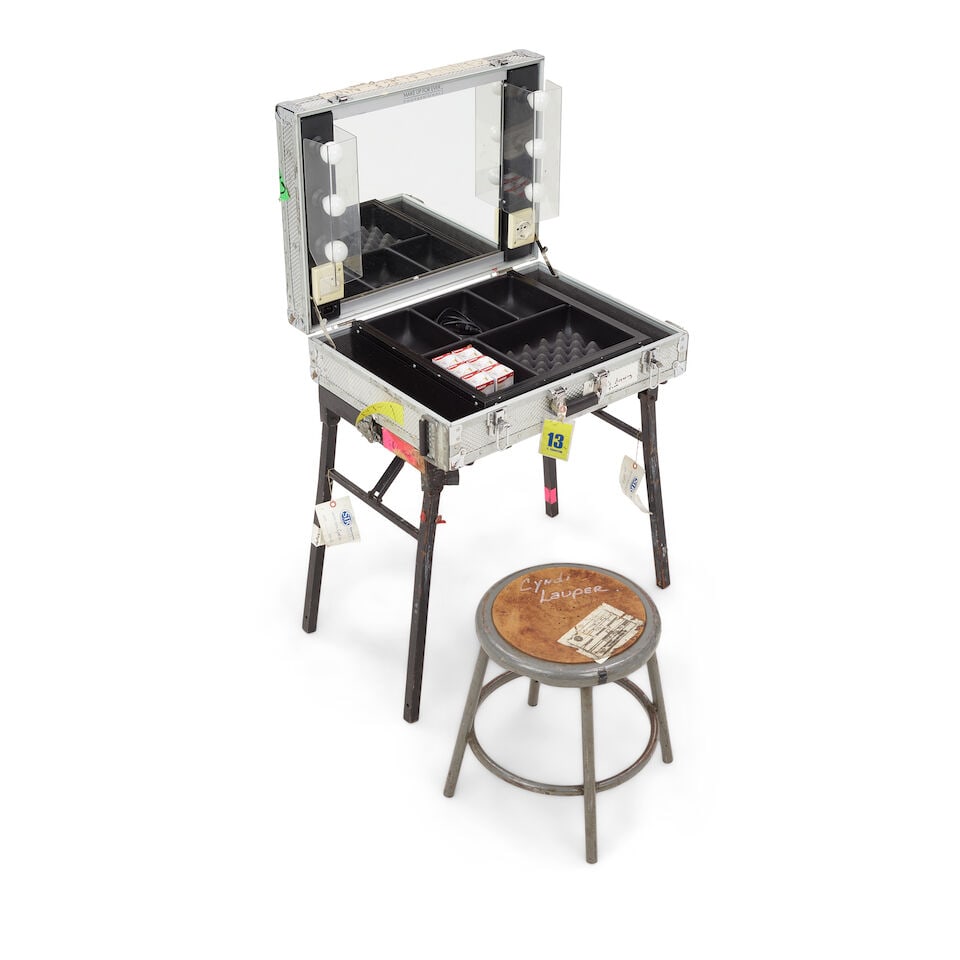 A TOUR-USED MAKE-UP STATION IN A SILVER ROAD CASE AND A CYNDI LAUPER STENCILED STOOL (1 of 2)