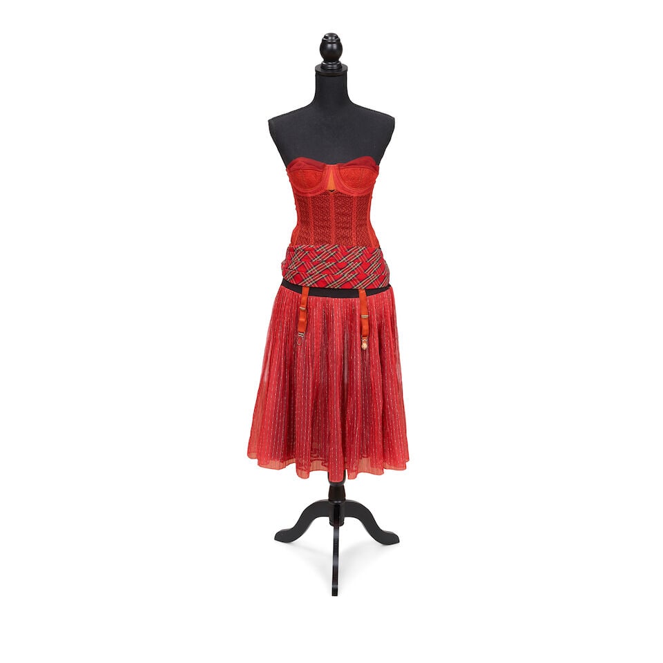 TWO LINGERIE AND PLAID LOOKS 1980s, styled by Cyndi Lauper: TWO LINGERIE AND PLAID LOOKS 1980s, styled by Cyndi Lauper First look: an Imported Fabric plaid vest, 14, a cut white t-shirt, a red guêpière, and a pair of Darby Gaimes leopard print