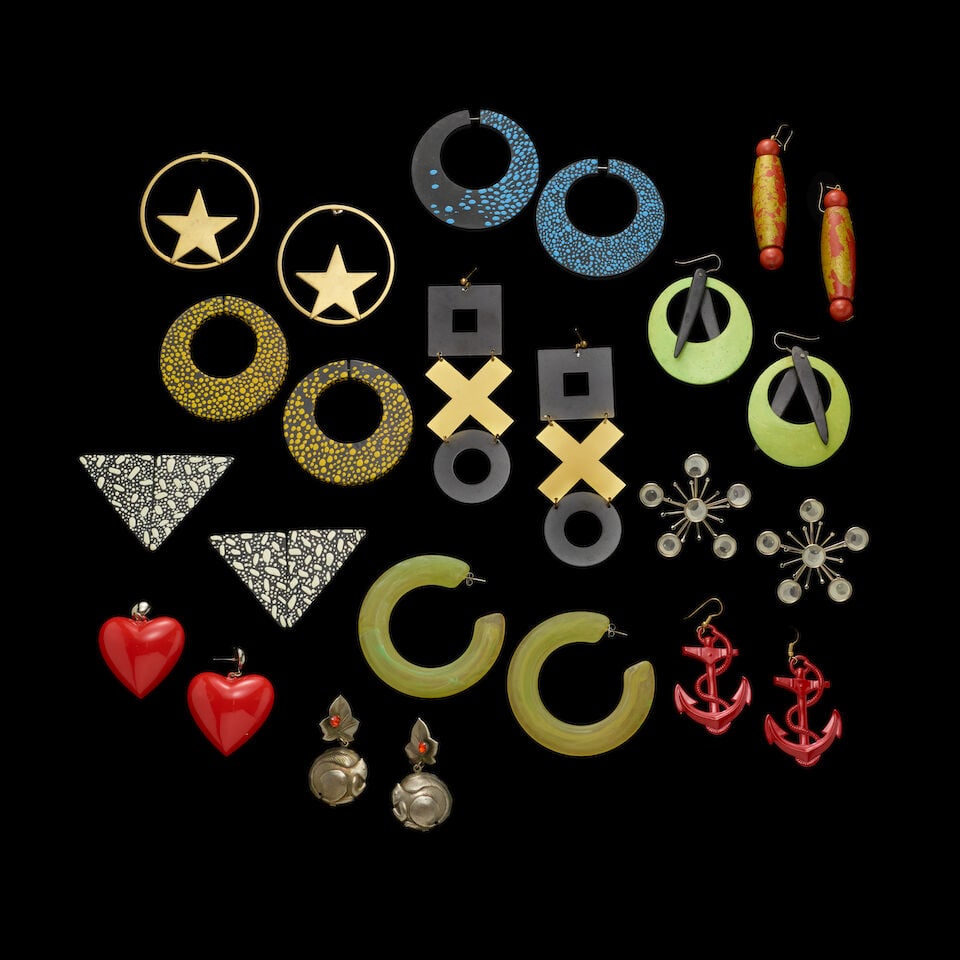 A GROUP OF STAGE-WORN VINTAGE EARRINGS 1980s: A GROUP OF STAGE-WORN VINTAGE EARRINGS 1980s Including a pair of red enamel heart earrings, a pair of dangly bead earrings, and a pair of gold-tone sarcophagi and blue bead earrings. This lot is subje