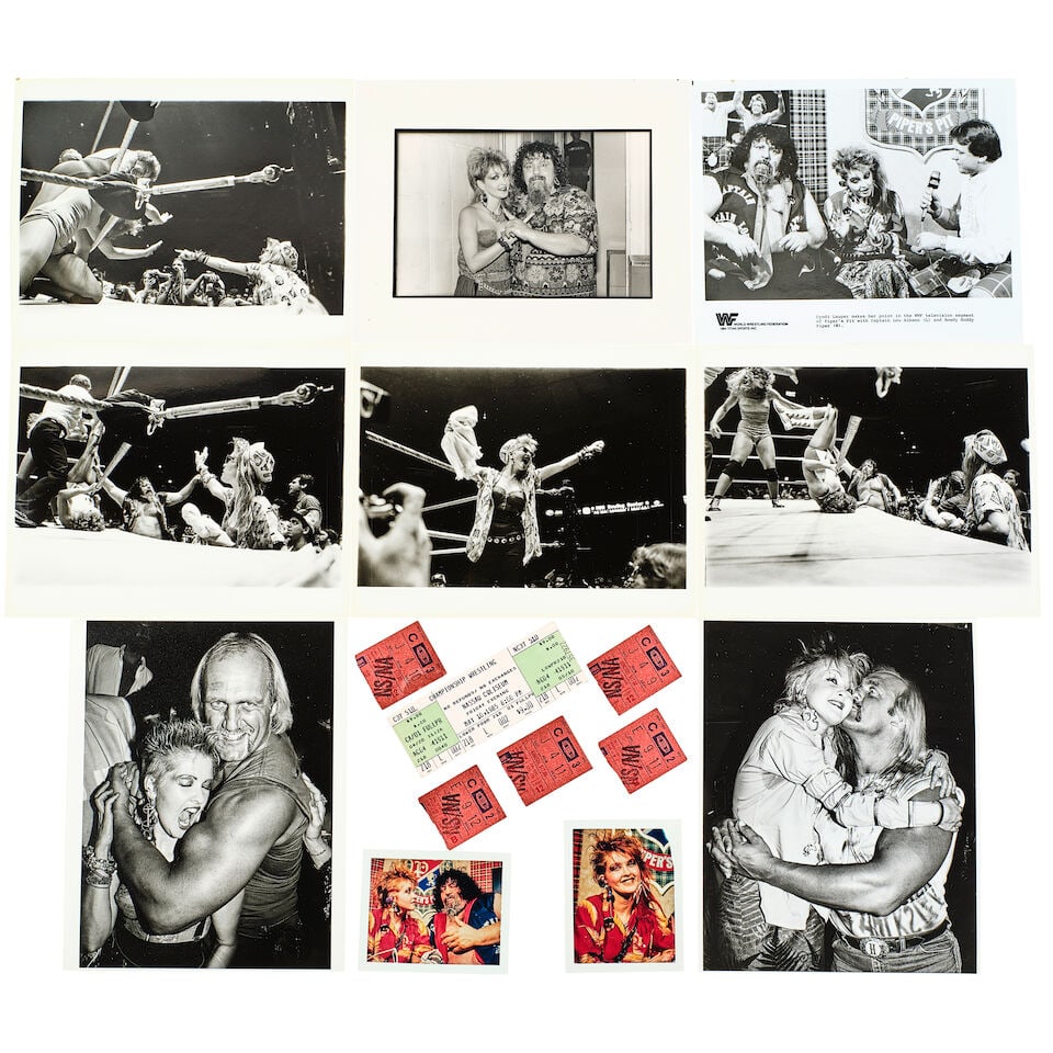 A GROUP OF MTV'S 'ROCK 'N' WRESTLING CONNECTION' MATERIAL: A GROUP OF MTV'S 'ROCK 'N' WRESTLING CONNECTION' MATERIAL Comprising a framed compilation of photographs, WWE 'Rock 'N' Wrestling Connection' action figure set in the original box and signed XX, /