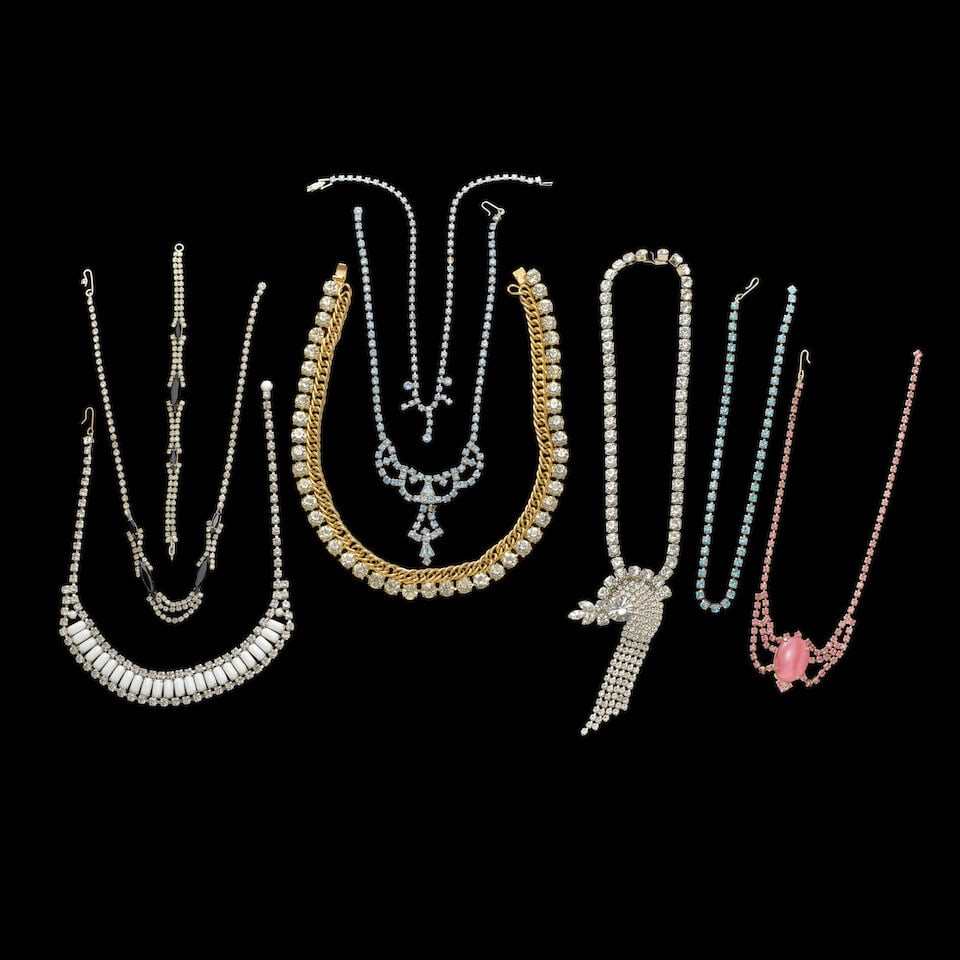 A GROUP OF STAGE-WORN VINTAGE COSTUME RHINESTONE NECKLACES 1980s (1 of 5)