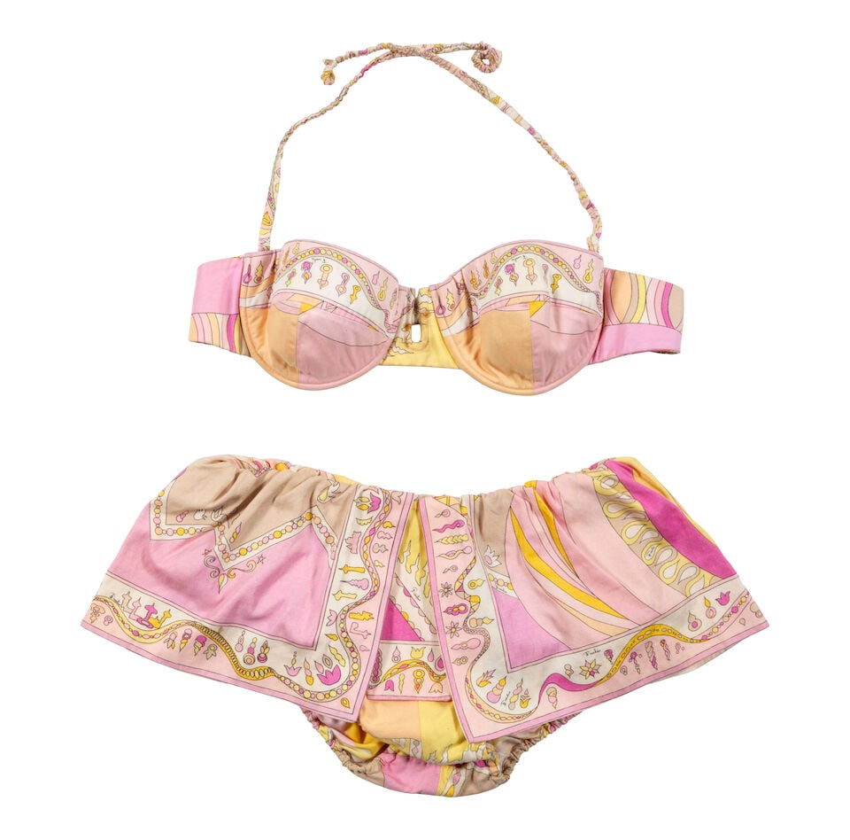 A TRUE COLORS WORN VINTAGE EMILIO PUCCI FOR SAK'S FIFTH AVENUE TWO-PIECE BATHING SUIT Italy, 1970s: A TRUE COLORS WORN VINTAGE EMILIO PUCCI FOR SAK'S FIFTH AVENUE TWO-PIECE BATHING SUIT Italy, 1970s Comprising a balconette bikini top and matching mini skirt bottom, 14, together with a green patterne