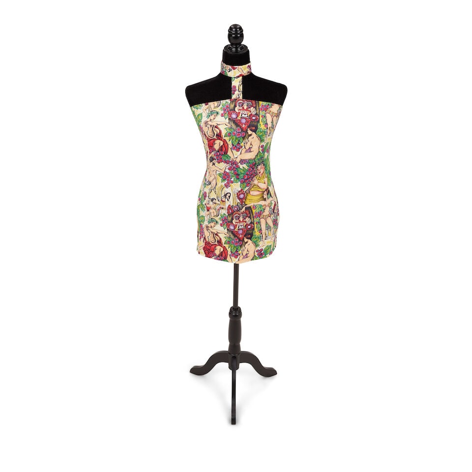 A GROUP OF STAGE AND TOUR-WORN CLOTHING Late 1980s: A GROUP OF STAGE AND TOUR-WORN CLOTHING Late 1980s Comprising a yellow Bacchus print dress, a pink velvet houndstooth lined bustle, a souvenir bull-fighter motif robe, a Living Doll skirt made of