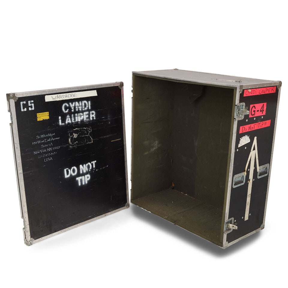 TWO TOUR-USED CYNDI LAUPER STENCILED WHEELED ROAD CASES - 4