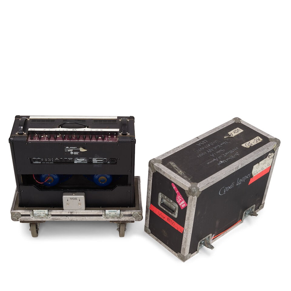 A TOUR-USED VOX BLUE COMBO AMPLIFIER IN A CYNDI LAUPER STENCILED WHEELED ROAD CASE - 2