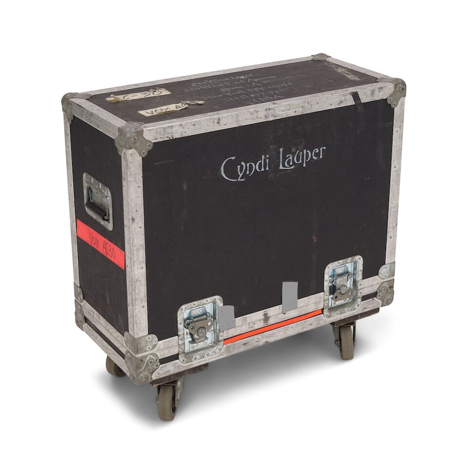 A TOUR-USED VOX BLUE COMBO AMPLIFIER IN A CYNDI LAUPER STENCILED WHEELED ROAD CASE - 3