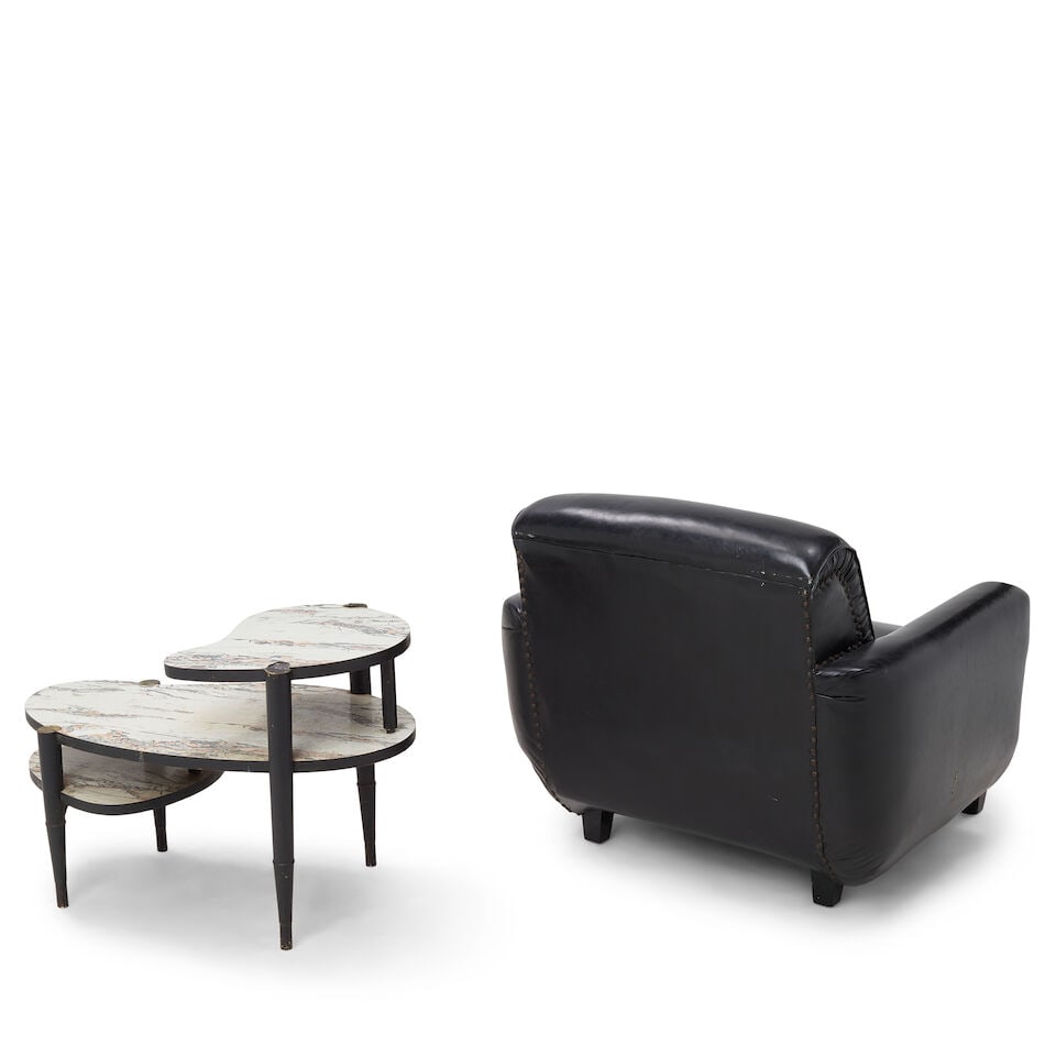 CYNDI LAUPER'S PERSONAL BLACK FAUX LEATHER ARMCHAIR AND FAUX MARBLE OCCASIONAL TABLE - 2