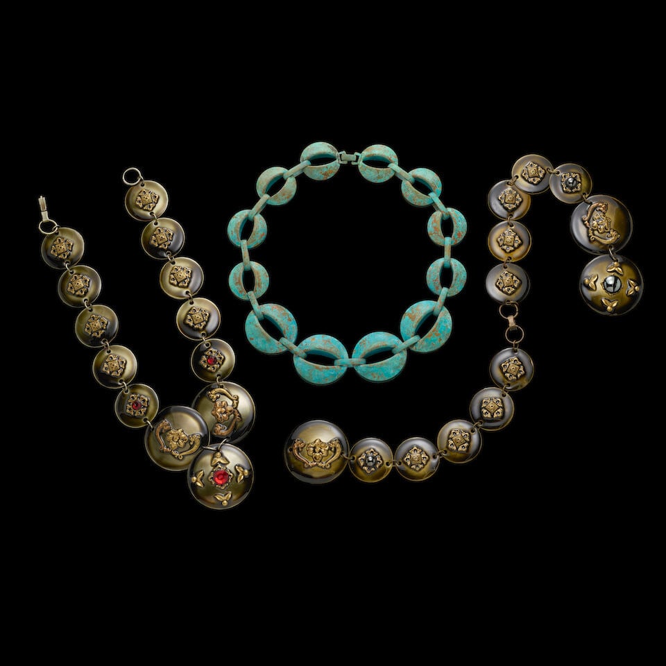 A GROUP OF STAGE-WORN VINTAGE ENAMEL AND METALLIC COSTUME JEWELRY 1980s - 2