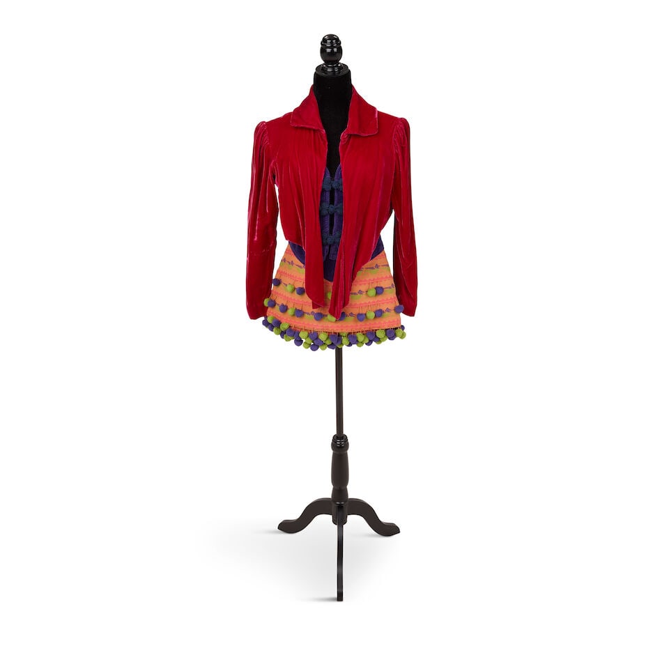 A STAGE-WORN PINK AND PURPLE VELVET LOOK 1980s, styled by Cyndi Lauper: A STAGE-WORN PINK AND PURPLE VELVET LOOK 1980s, styled by Cyndi Lauper Comprising a pink velvet cropped bolero, a Nina Canter purple velvet strapless corset, and a Nina Canter purple velvet and