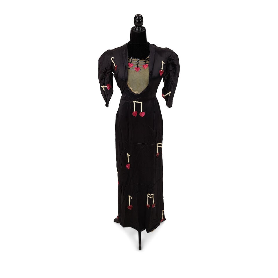 A VINTAGE SEQUIN EMBELLISHED BLACK SATIN 'MUSIC NOTE' DRESS 1994 - 2