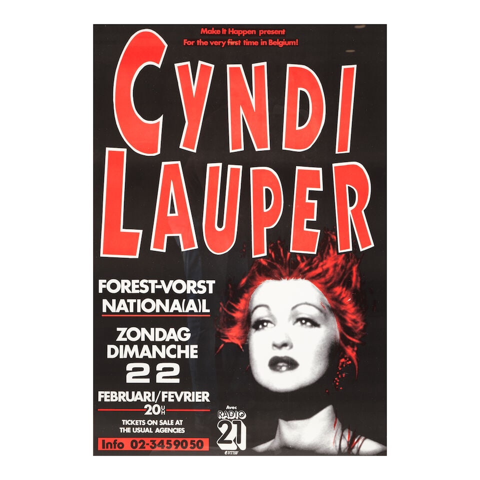 THREE FRAMED POSTERS OF CYNDI LAUPER 1980s: THREE FRAMED POSTERS OF CYNDI LAUPER 1980s Footnotes: The 1986 True Colors promotional poster featured in Lauper's True Colors World Tour 86-87 book. This lot is subject to the following lot symbols: