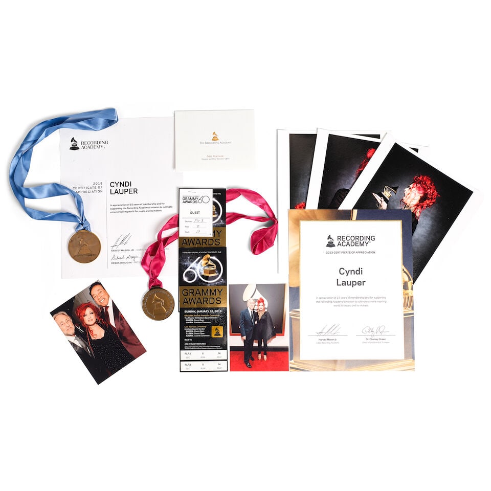 TWO GRAMMY NOMINATION MEDALS PRESENTED TO CYNDI LAUPER AND RELATED MATERIALS 1999-2023: TWO GRAMMY NOMINATION MEDALS PRESENTED TO CYNDI LAUPER AND RELATED MATERIALS 1999-2023 Comprising a 41st Annual Nominee medal with ribbon, a framed 47th Annual Nomination Certificate for Best