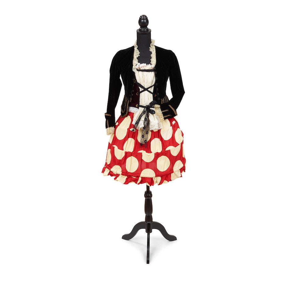 A STAGE-WORN VIVIENNE WESTWOOD RED AND CREAM POLKA DOT HOOP SKIRT WITH A CRUSHED VELVET CROPPED ... (1 of 4)
