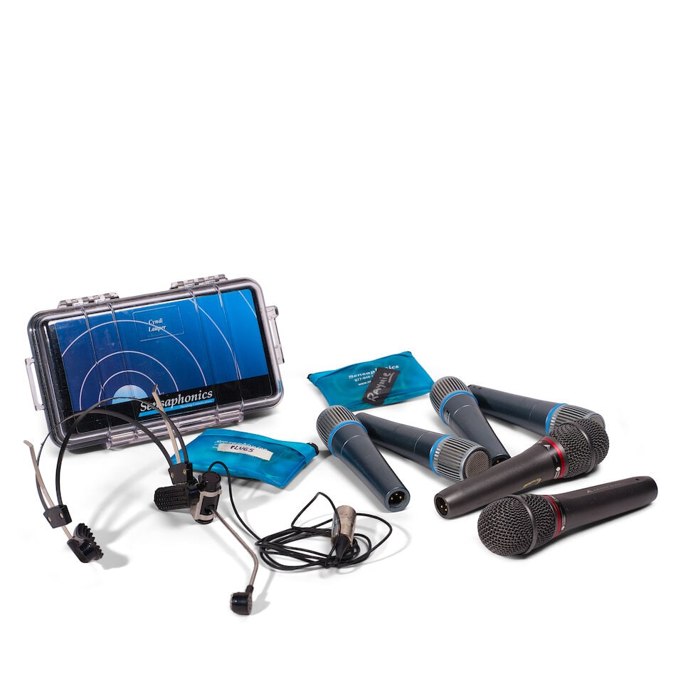 A GROUP OF TOUR-USED HEADSETS AND MICROPHONES: A GROUP OF TOUR-USED HEADSETS AND MICROPHONES Comprising six headsets, four Shure BETA 57 microphones, two Audio-Technica AE6100 microphones, a Sensaphonics 3D Active Ambient in-ear monitoring