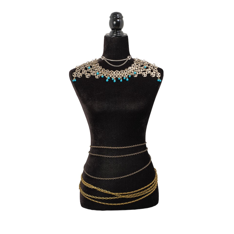 A GROUP OF STAGE-WORN VINTAGE CHAIN JEWELRY 1980s: A GROUP OF STAGE-WORN VINTAGE CHAIN JEWELRY 1980s Including a clear and black rhinestone inset triple ring snake, a blue bead and clear rhinestone inset epolet, and a long double-strand brass-tone