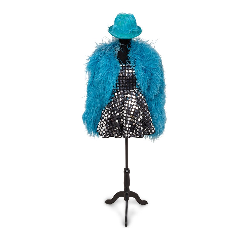 A DOLCE & GABBANA SILVER SEQUINED MINIDRESS AND BLUE FEATHER SHRUG LOOK Domenico Dolce and Stefa...: A DOLCE & GABBANA SILVER SEQUINED MINIDRESS AND BLUE FEATHER SHRUG LOOK Domenico Dolce and Stefano Gabbana, Spring/Summer 1995 Comprising a silver sequined black minidress and a blue feather jacket,