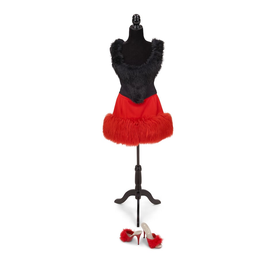 A VIVIENNE WESTWOOD RED FAUX FUR TRIM SKIRT AND BLACK FAUX FUR TRIM CORSET ENSEMBLE WORN TO THE ...: A VIVIENNE WESTWOOD RED FAUX FUR TRIM SKIRT AND BLACK FAUX FUR TRIM CORSET ENSEMBLE WORN TO THE EMMYS Vivienne Westwood, 'Anglomania' Collection, Fall/Winter 1993-94 and 'On Liberty' Collection, Fall/