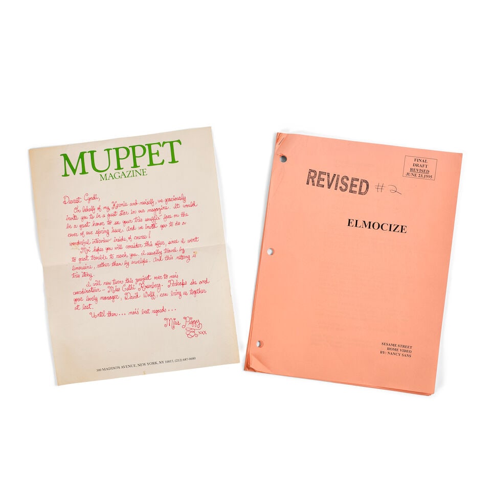A GROUP OF MUPPETS MATERIAL: A GROUP OF MUPPETS MATERIAL Comprising a handwritten letter from Miss Piggie to Cyndi Lauper on Muppet Magazine letterhead inviting her to an interview and an unbound 18pp script from the 'Elmocize'