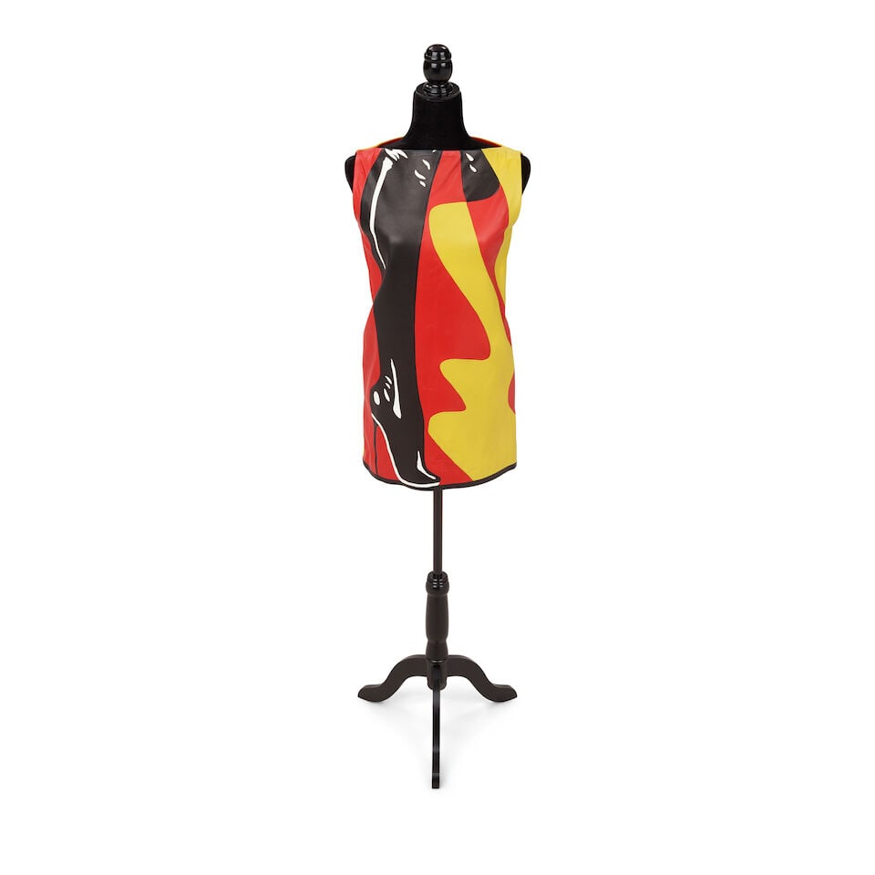 A BOTTEGA VENETA LEATHER SHIFT DRESS Laura Moltedo, Designed by Giles Deacon, Fall 2001, Look 18: A BOTTEGA VENETA LEATHER SHIFT DRESS Laura Moltedo, Designed by Giles Deacon, Fall 2001, Look 18 Red, yellow, black, and white, depicting a stiletto boot, silk lined, 40. Footnotes: Hired by Creative
