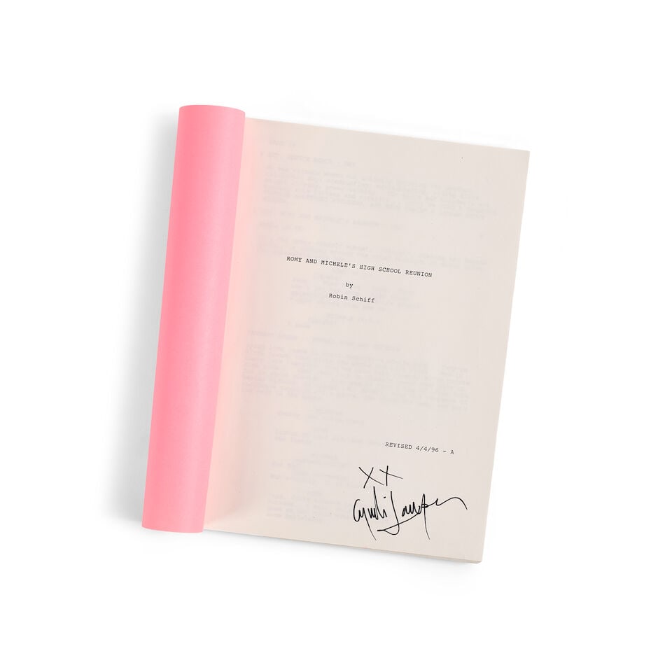 A ROMY AND MICHELE'S HIGH SCHOOL REUNION SCRIPT SIGNED BY CYNDI LAUPER Buena Vista Pictures, 1997: A ROMY AND MICHELE'S HIGH SCHOOL REUNION SCRIPT SIGNED BY CYNDI LAUPER Buena Vista Pictures, 1997 A brad-bound 104pp Xeroxed script with pink cover sheet, the title page inscribed REVISED 4/4/96 - A