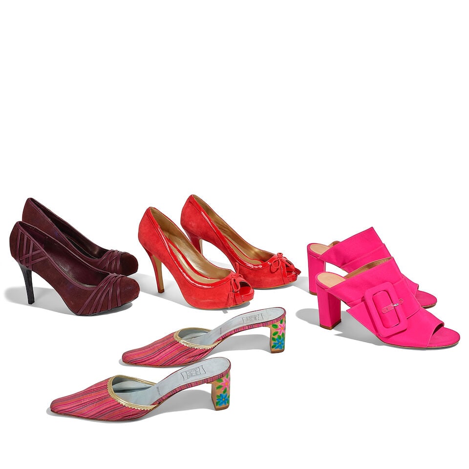 FOUR PAIRS OF COLORFUL HEELS: FOUR PAIRS OF COLORFUL HEELS Comprising a pair of Fergie maroon leather and suede pumps, 9M, a pair of Jádina Nicoli red patent leather and suede peep toe pumps, 38, a pair of Cynthia Rowley Geis