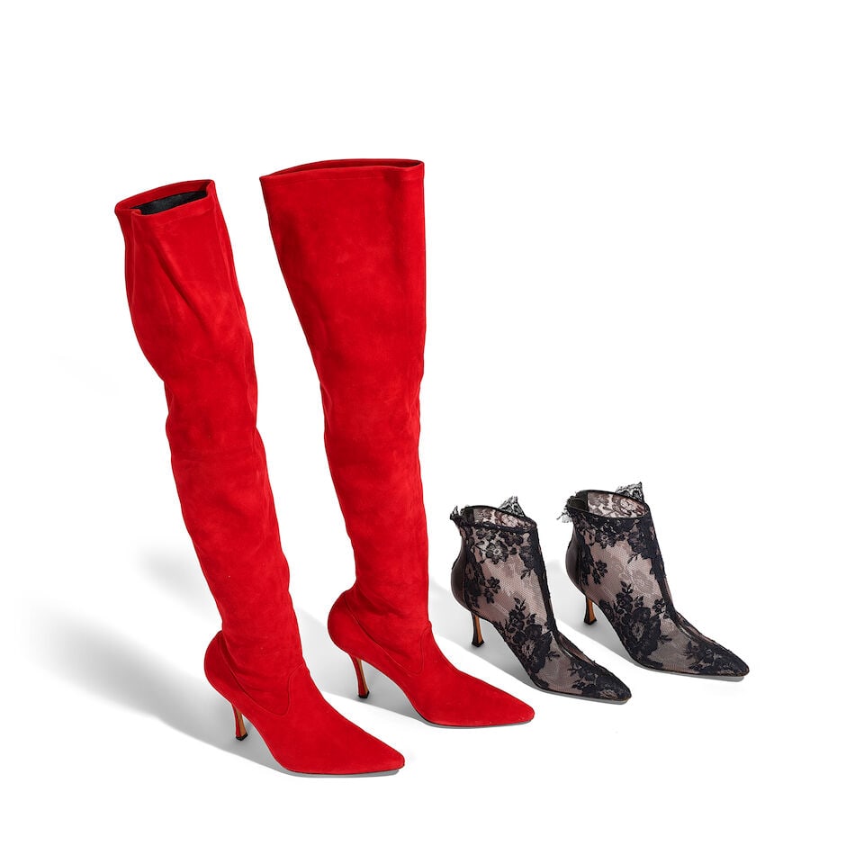 TWO PAIRS OF MANOLO BLAHNIK BOOTS: TWO PAIRS OF MANOLO BLAHNIK BOOTS Comprising a pair of mesh and black lace high-heel ankle boots, 38 1/2, and a pair of red suede high-heel over-the-knee boots, 39 1/2. This lot is subject to the foll