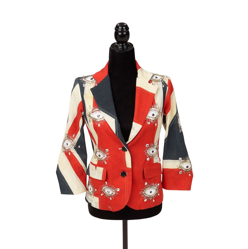 A GROUP OF LIBERTINE CLOTHING AND ACCESSORIES WORN ONSTAGE WITH ROD STEWART 2017-2018: A GROUP OF LIBERTINE CLOTHING AND ACCESSORIES WORN ONSTAGE WITH ROD STEWART 2017-2018 Comprising a Libertine Spring 2018 rainbow sequin embellished pant suit, medium, a Spring 2018 floral and
