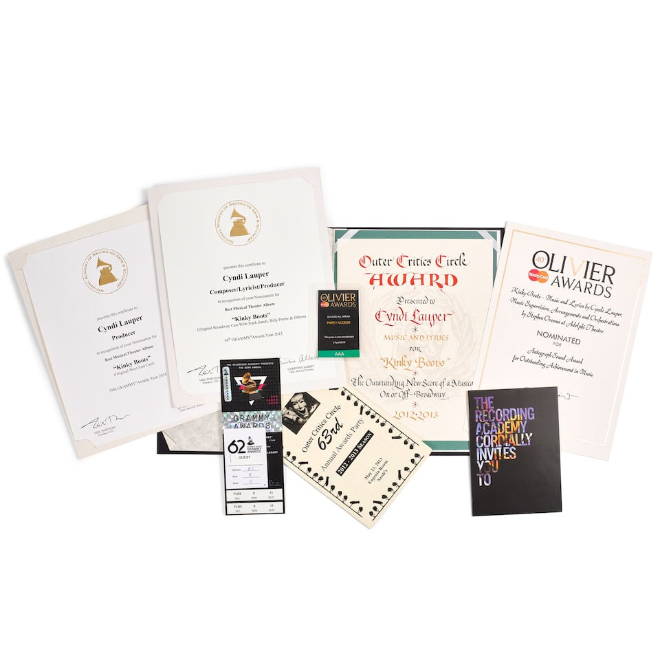 TWO GRAMMY NOMINATION CERTIFICATES FOR KINKY BOOTS PRESENTED TO CYNDI LAUPER 2013 and 2016 (1 of 1)