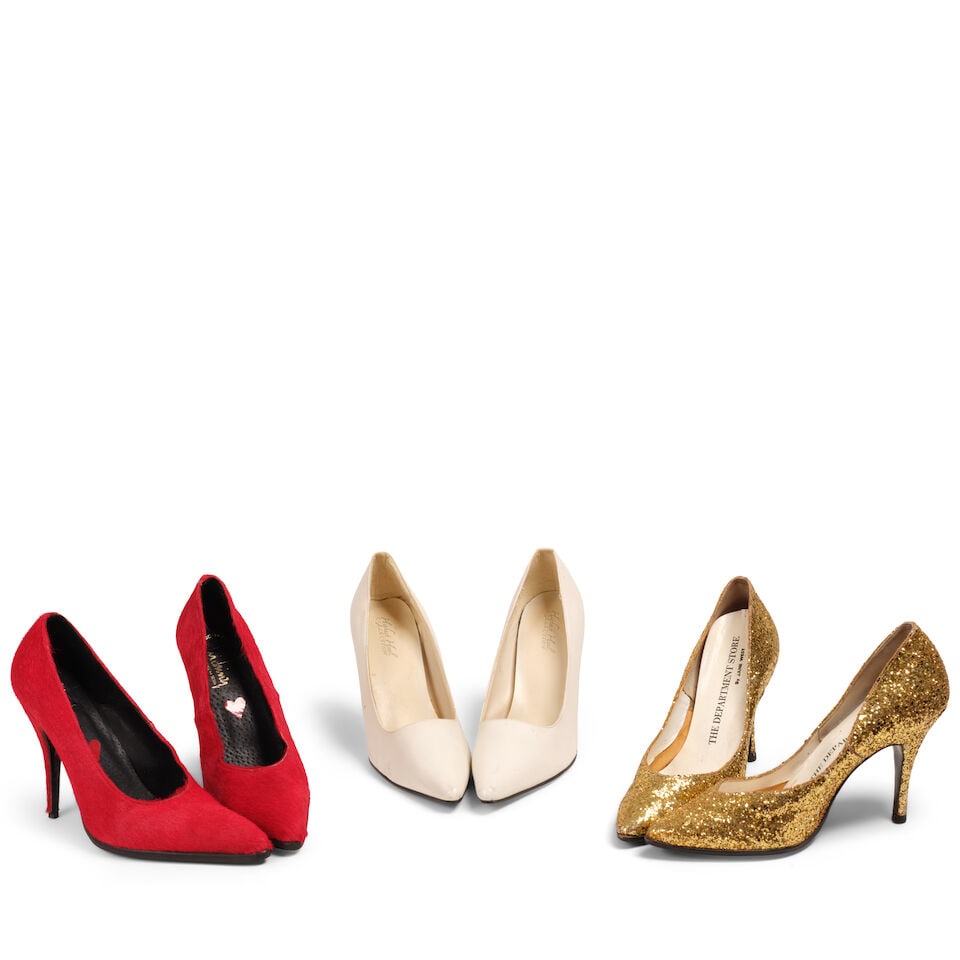 THREE PAIRS OF PUMPS: THREE PAIRS OF PUMPS Comprising a pair of Highest Heel Collection white faux leather pumps, 9, a pair of Luichiny red faux fur pumps, 8B, and a pair of The Department Store by Jane West gold glitter
