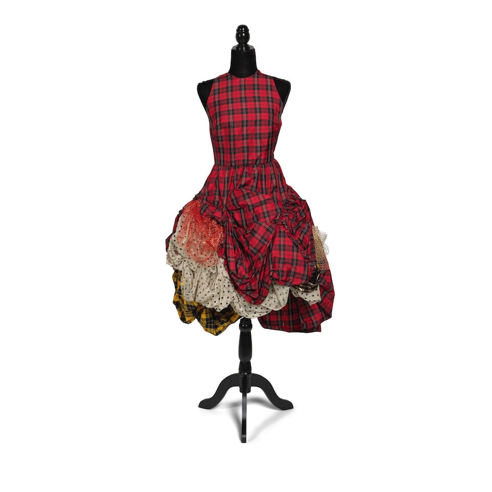 THE POLO RALPH LAUREN PLAID RED DRESS WORN TO THE CYNDI LAUPER AND FRIENDS: HOME FOR THE HOLIDAY...: THE POLO RALPH LAUREN PLAID RED DRESS WORN TO THE CYNDI LAUPER AND FRIENDS: HOME FOR THE HOLIDAYS BENEFIT CONCERT 2019 Mixed material plaid and polka dot dress, 8, together with a yellow mohawk