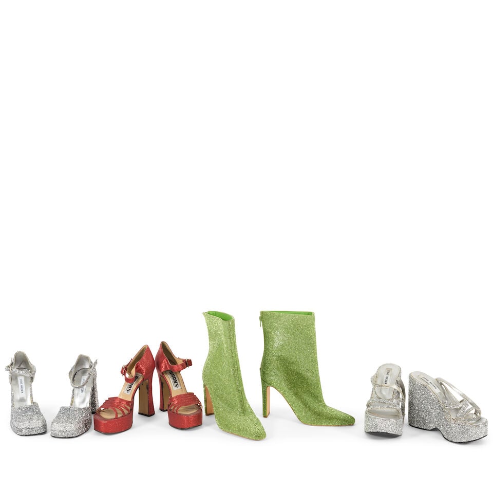 FOUR PAIRS OF GLITTER AND RHINESTONE HEELS: FOUR PAIRS OF GLITTER AND RHINESTONE HEELS Comprising a pair of Forever 21 lime rhinestone heel boots, 10, a pair of Bronx red glitter ankle strap platform sandals, a pair of Steve Madden silver