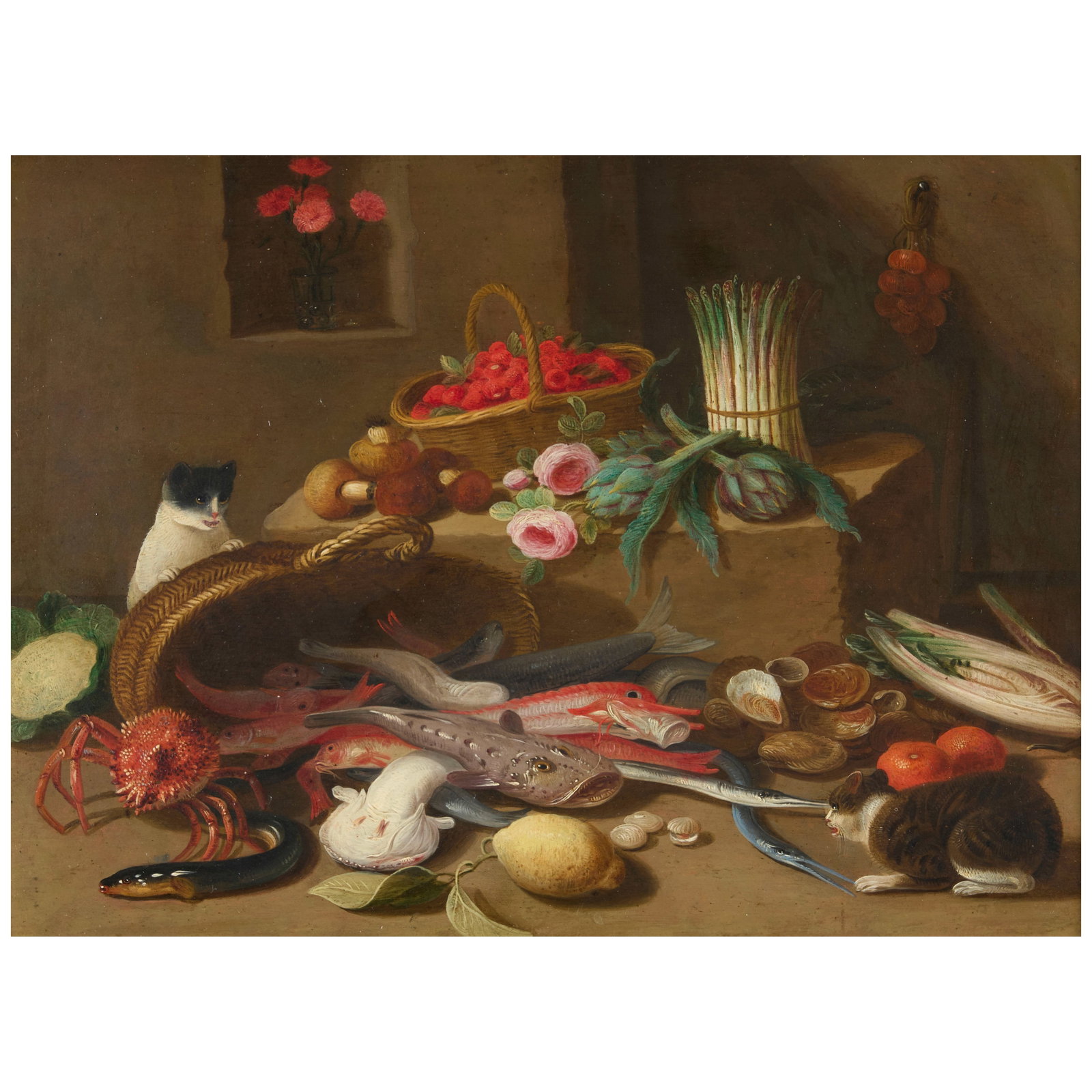 Pseudo Jan van Kessel the Younger (late 17th century) Still Life of Fish, Vegetables, Strawberri...: Pseudo Jan van Kessel the Younger (late 17th century) Still Life of Fish, Vegetables, Strawberries, and Cats on a Stone Ledge unsigned oil on copper 8 x 11 3/4 in. (20.3 x 29.8 cm.) framed 12 3/4 x 15