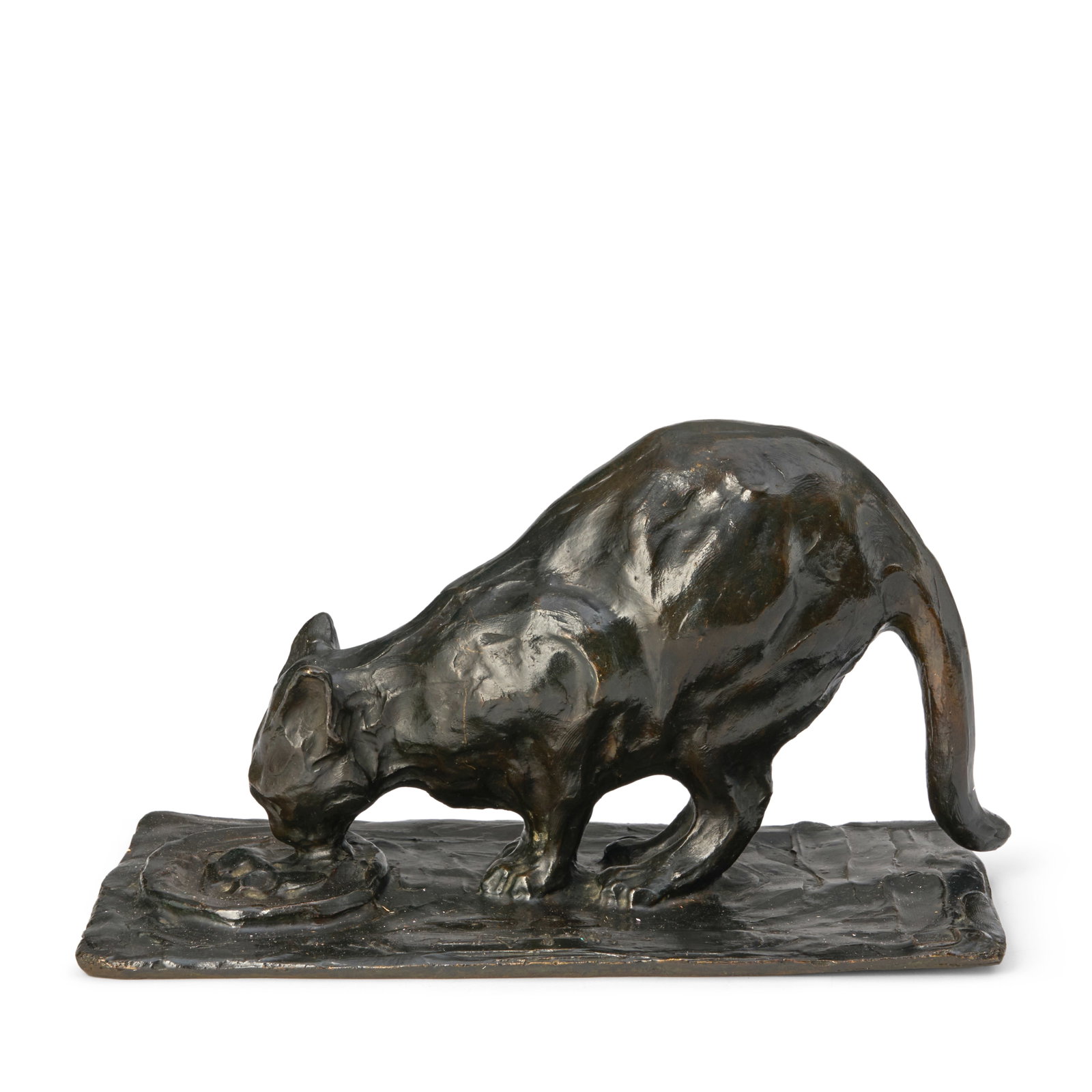 Rembrandt Bugatti (Italian/French, 1884-1916) Petit Chat à L'Écuelle, 1906signed RBuga...: Rembrandt Bugatti (Italian/French, 1884-1916) Petit Chat à L'Écuelle, 1906 signed RBugatti, stamped CIRE/PERDUE/A A HEBRARD, and numbered (7) patinated bronze height 5 1/2 in. (14 cm.); widt