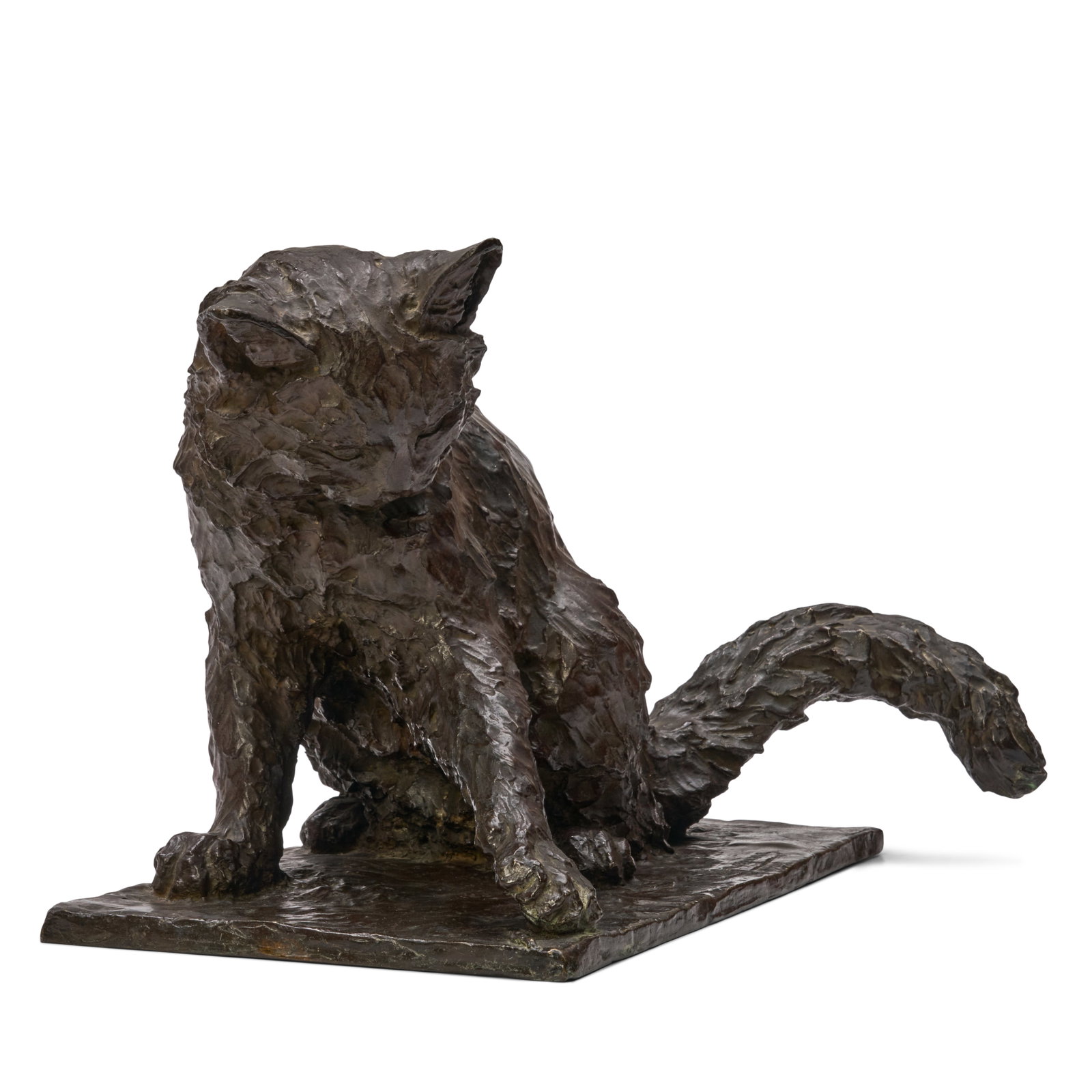 Louise Haerens Robelus (Belgian, 1884-1961) Playing Cat, circa 1925: Louise Haerens Robelus (Belgian, 1884-1961) Playing Cat, circa 1925 signed L. Haerens (on the base), stamped Batardy Cire perdue Bruxelles patinated bronze height 10 in. (25.4 cm.); width 13 1/2 in. (