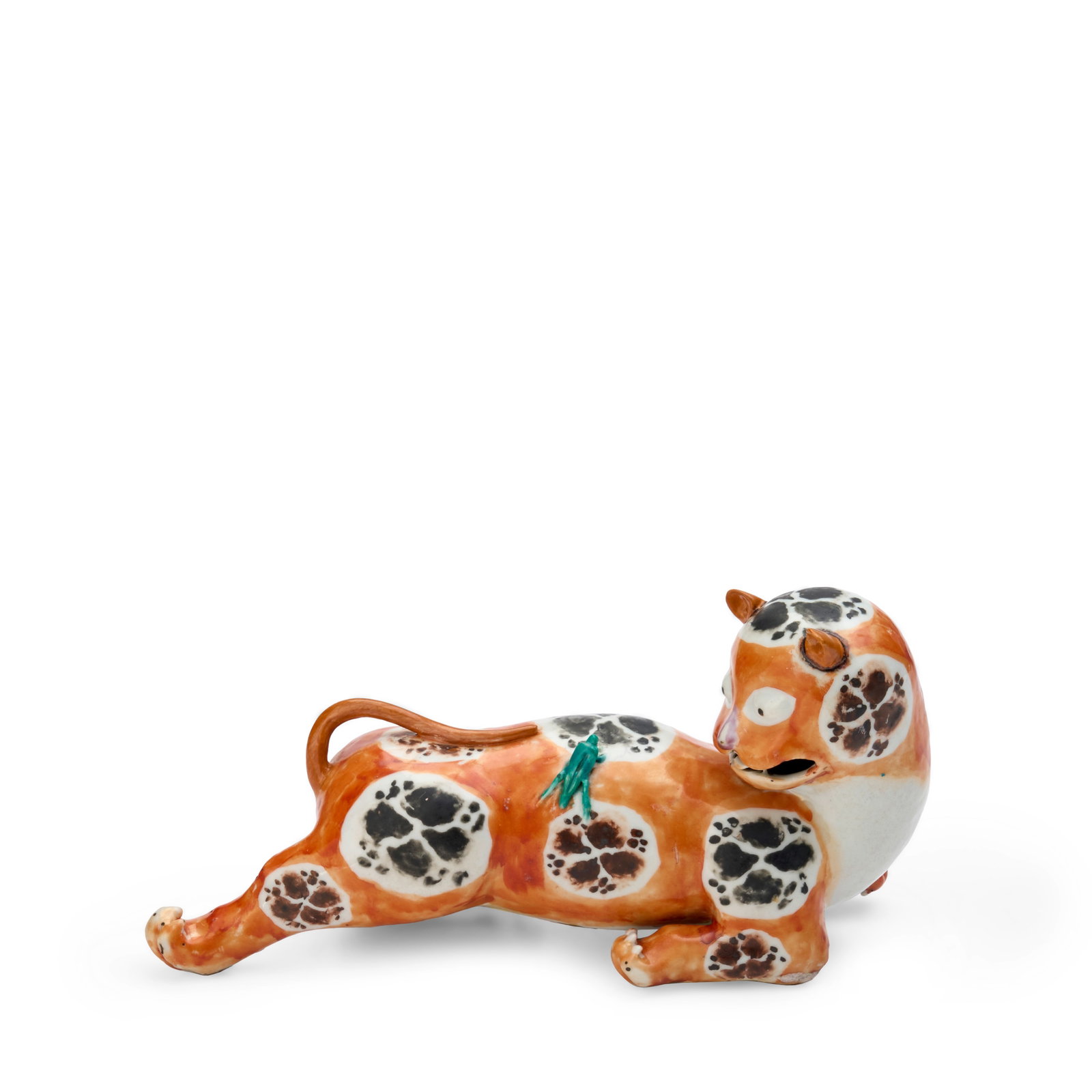 A Chinese Iron-Red and Pawprint Spotted Porcelain Cat Qianlong period, mid-18th century: A Chinese Iron-Red and Pawprint Spotted Porcelain Cat Qianlong period, mid-18th century In recumbent pose with its head sharply turned to face a cricket resting on its back, the eyes, tongue, teeth, c