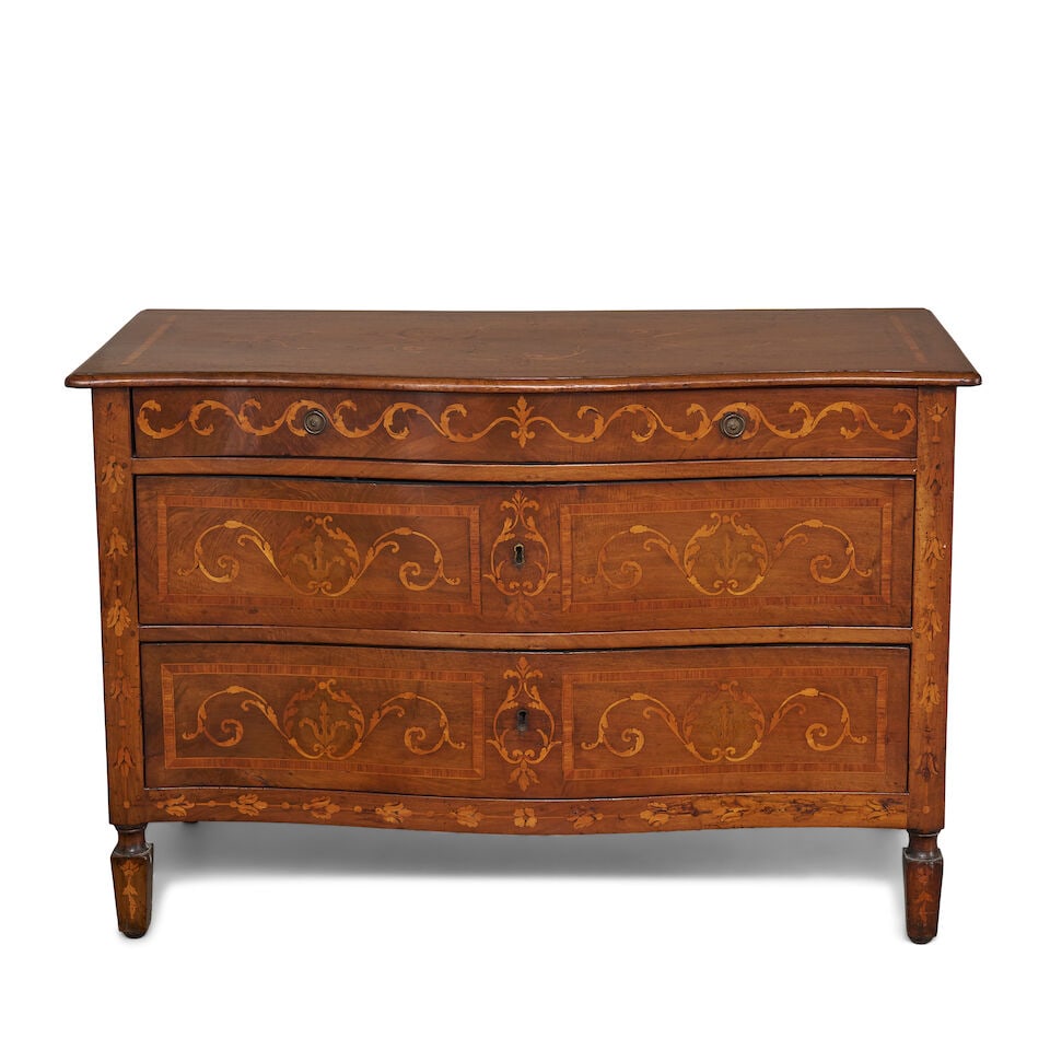 An Italian walnut and marquetry serpentine commode, 18th century, - 2