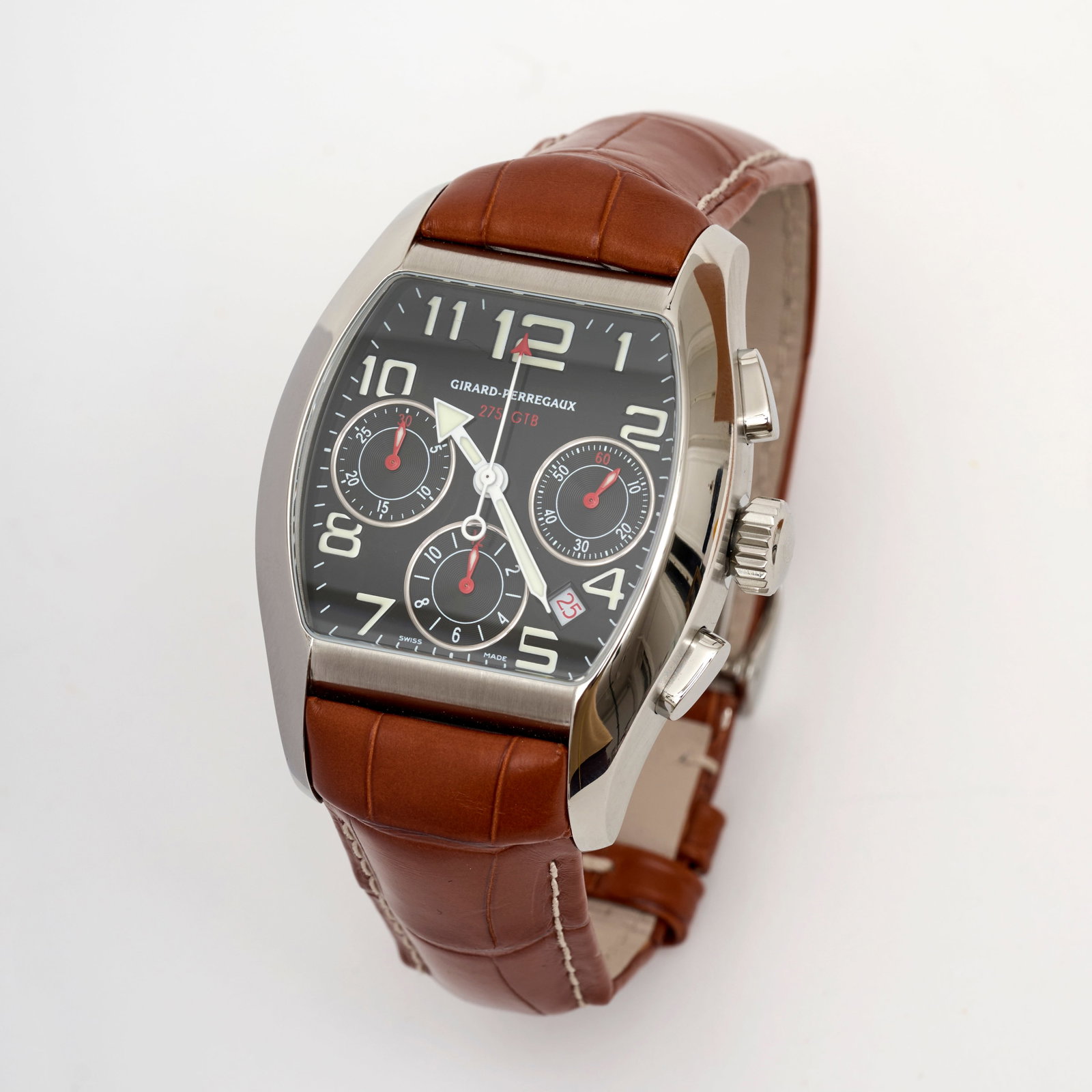 GIRARD-PERREGAUX; RARE 'FERRARI 275 GTB' AUTOMATIC CHRONOGRAPH WRISTWATCH,: GIRARD-PERREGAUX; RARE 'FERRARI 275 GTB' AUTOMATIC CHRONOGRAPH WRISTWATCH, in stainless steel, limited edition, edition no. 125/275, circa 2004, with tan case and papers. For further information on th
