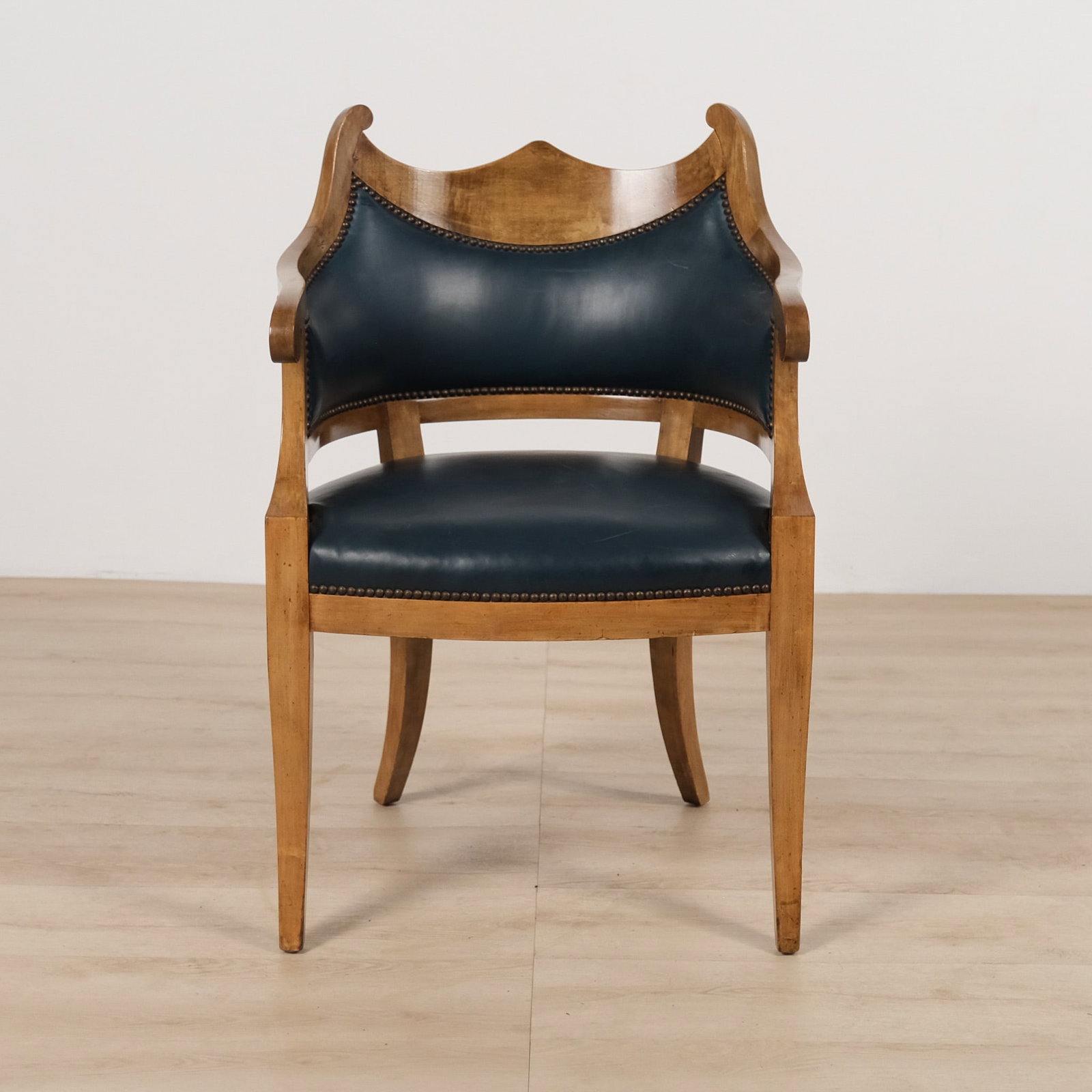 Regency Style Leather Armchair, c. 20th century: TEST Wooden pedestal/plant stand featuring a bold, sculptural design. A square top sits atop a dramatic bobbin-turned column of stacked spherical elements, rising from a stepped square base, giving