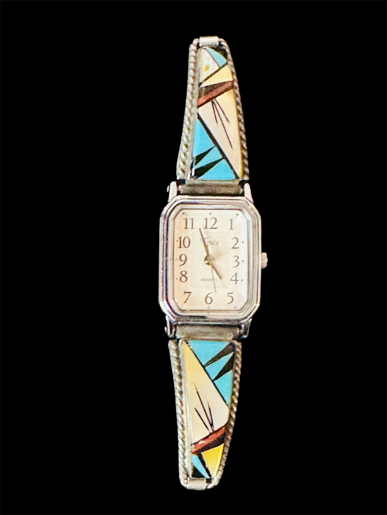 Sterling Silver Timex Watch: Timex quartz watch with a sterling silver Native American inlay band.