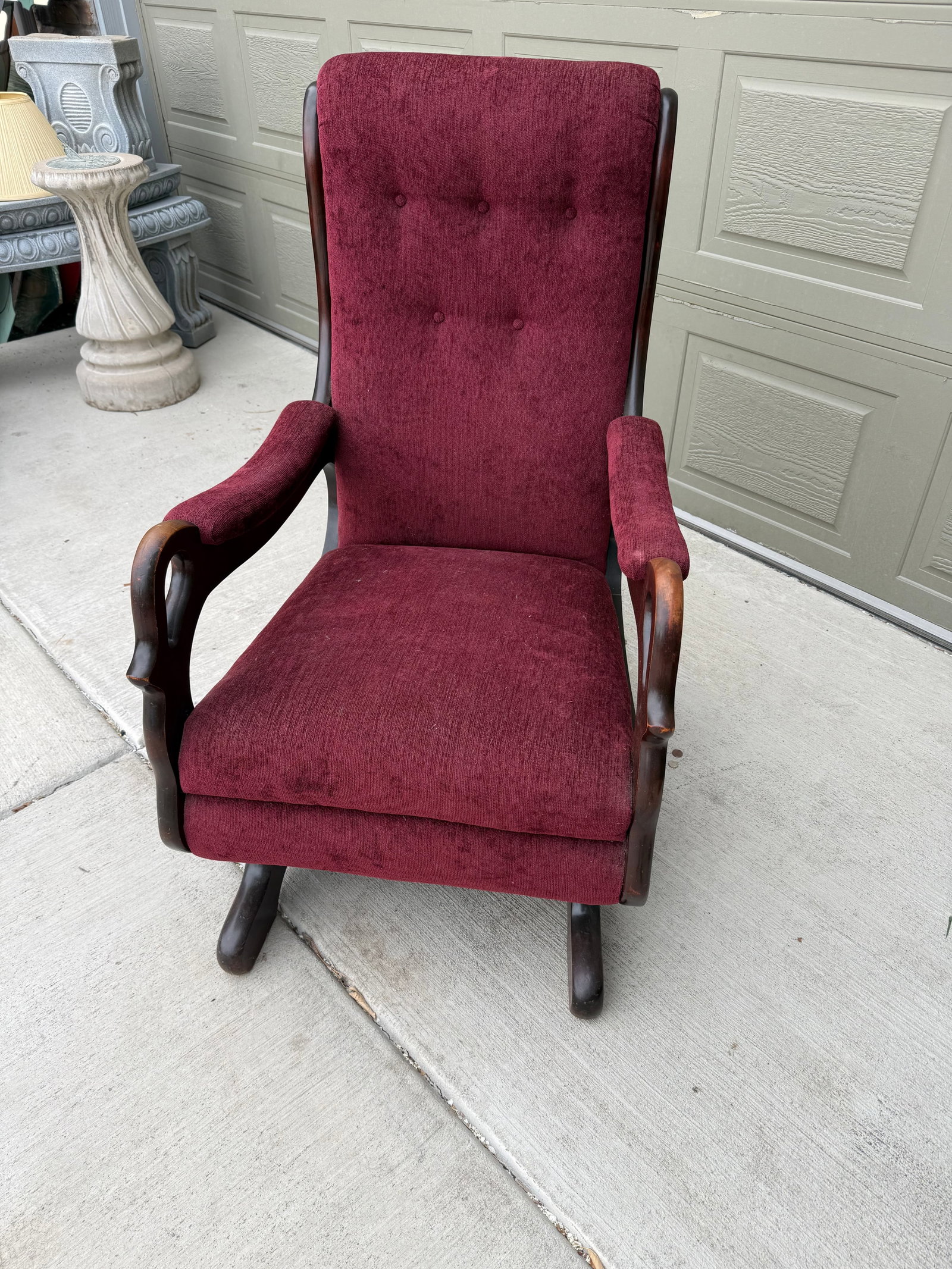Sheboygan Chair Co Platform Rocker: 1880-1920's American platform rocker with later reupholstery.Dimensions: 42in H x 22in W x 27in D.