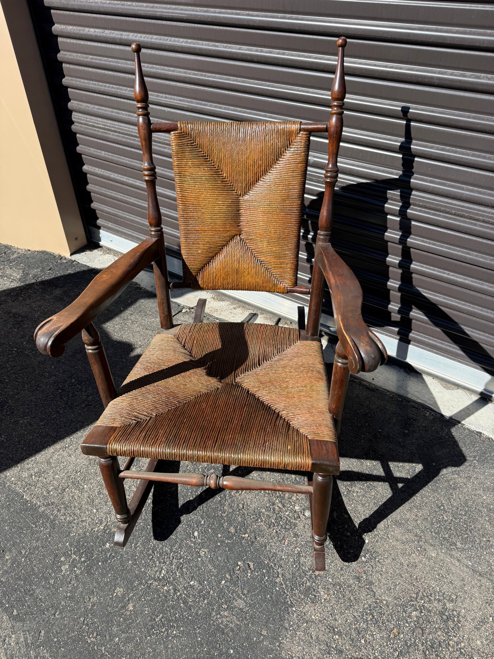 Antique Rocker: Rush seat in very good condition, some typical wear as shown.