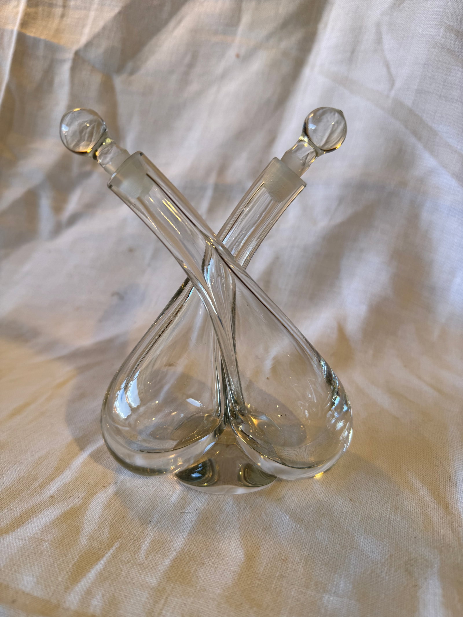 Vintage Vinaigrette: Czech. Some wear on stoppers. 5.75in H x 4in W x 2in D.