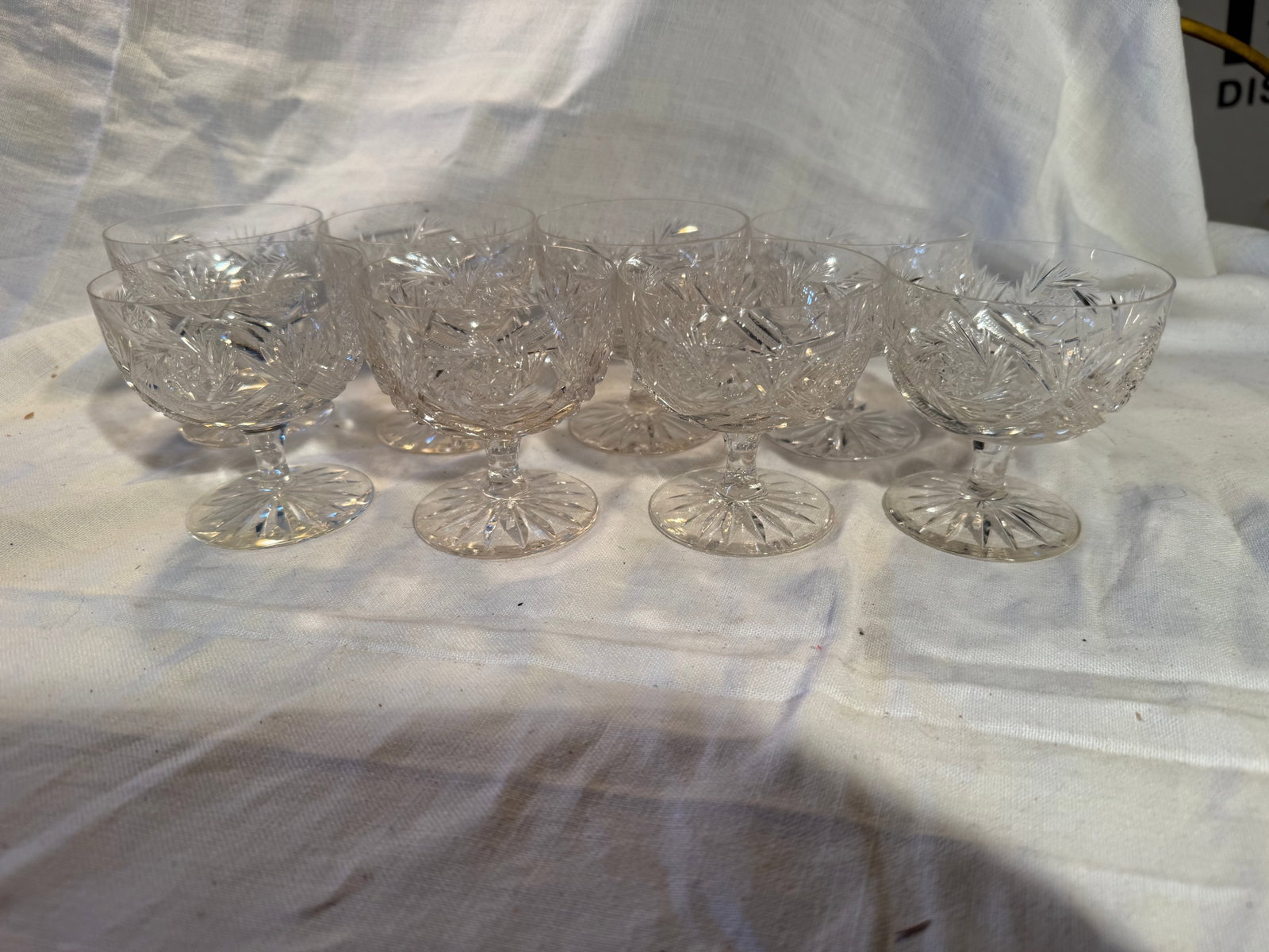 8 Cut Crystal Sherbet Cups: Some chips. 3.5in x 3.25in