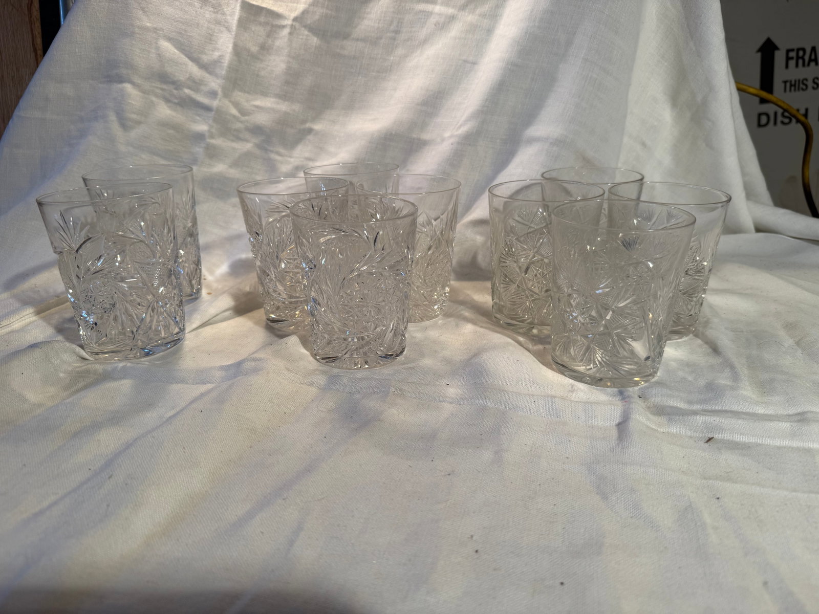 10 Assorted Crystal Tumblers: Various patterns. 4in x 3in.
