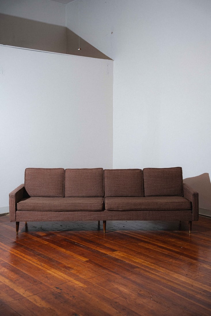 Mid-Century 4-Seater Sofa: Classic mid-century sofa with walnut leg accents. No tags to denote manufacturer. Upholstery is in very good shape.