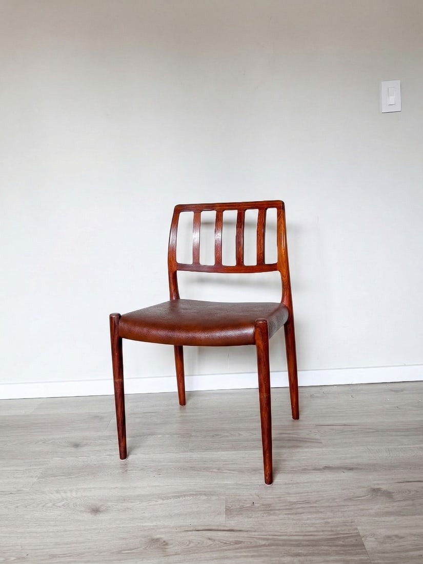 Rare Niels Otto Moller Model 83 Teak Dining Chair with Leather Seat. Signed.: Niels Otto Moller Model 83 Teak Side Chair with Brown Leather Seat. Signed.